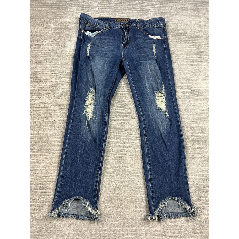 Vip Jeans Junior 3/14 Blue Dark Wash Denim Raw Hem Skinny Distressed Frayed Hem